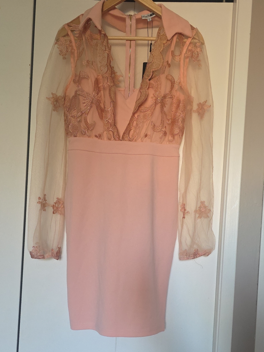 Fashion Nova Blush Pink Sheer Sleeve Embroidered Bodycon Dress